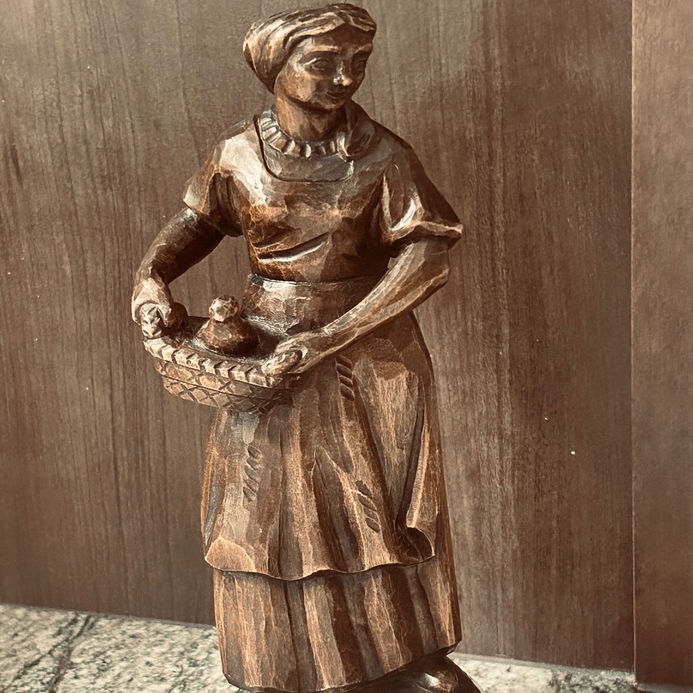 Vintage Wooden Hand Carved Woman Basket Folk Art Figurine